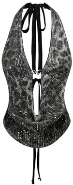 Verdusa Women's Cheetah Print Sequin Top Y2K Tie Back Corset Halter Going Out Crop Tops Black X-Small