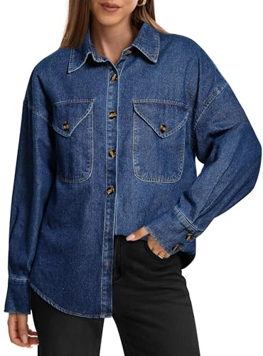 POTILI Women's Oversized Denim Shirt Long Sleeve Boyfriend Jean Jacket Button Down Blouse Top Dark Blue