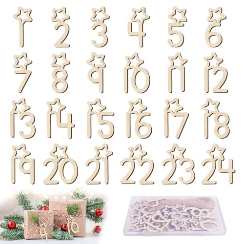 24 Adventskalender Zahlen Holz 1-24 Adventskalender Anhänger zum Basteln Weihnachten Holzanhänger Sterne Holzzahlen Weihnachtsbaum Geschenk Anhänger Weihnachtsdeko Countdown Zahlen mit Juteschnur