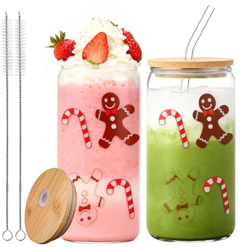 2 Stück Weihnachtsgläser, Weihnachten Lebkuchenmann Trinkgläser mit Deckel und Strohhalm, Matcha Gläser Weihnachten, Kaffee Glasbecher Glas Tasse weihnachten Frauen Geschenke Freunde Deko Geschenke