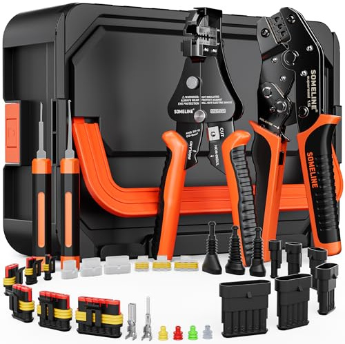 SOMELINE Pinza Crimpatrice e Kit Connettori Elettrici Impermeabili 1-6 Pin, 0,34-2,5mm² (AWG 22-14), Tipo Superseal 1.5, con Spelafili ed Estrattore, per Auto Moto Camper Barca Camion