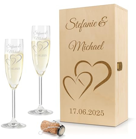 Gravur-Max Leonardo Sektglas 2er Set 200 ml mit Holzbox – personalisiertes Sektglas mit Gravur - LIEBES GLAS HERZ1 – stoßfest – hochwertiges TEQTON-Kristallglas für Sekt, Prosecco & Champagner