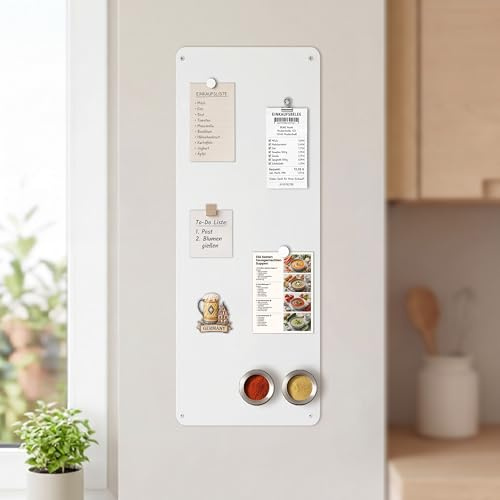 Warasee Magnetwand Küche aus Metall in Weiß: Informationen klar zeigen | Matte Magnettafel für Urlaubsmagnete – im Format 30 × 70 cm ideal neben Einbaukühlschränken für Familien & Ordnungsfans