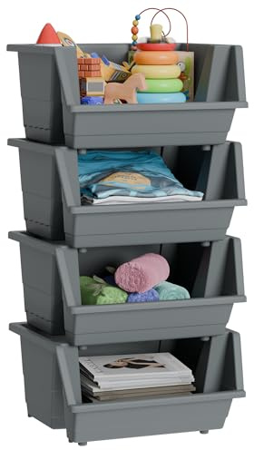 Knight 40L Stackable Open Storage Boxes | Multi-Purpose Plastic Storage Containers for Home, Office & Garage | Storage Bins for Clothes,Toys, Tools & Household Storage | Grey - 4pack