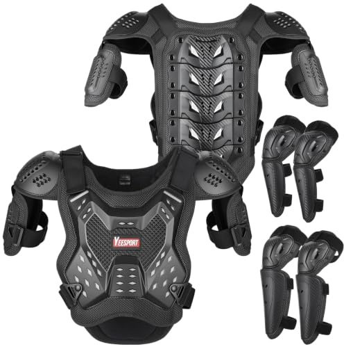 Kinder Brustpanzer Protektoren Set Motocross Schutzausrüstung | Kinder Schutzkleidung mit Protektorenweste, Brustschutz, Rückenprotektor, Kniepads, Ellbogenpads, Mesh-Gewebe und Reflektoren