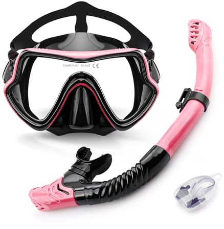 Vogista Dry Top Snorkel Set Adults, 5-in-1 Snorkeling Gear for Adults with Anti-Fog and Anti-Leak Tempered Glass, Snorkel Set with 180° Panoramic Wide View Scuba Mask Diving Goggles