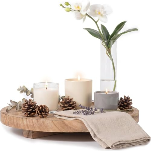 Round Wooden Tray, 10In Wood Bathroom Counter Organizer Wooden Display Stand for Kitchen Counter Coffee Station erfume Candle Cosmetic