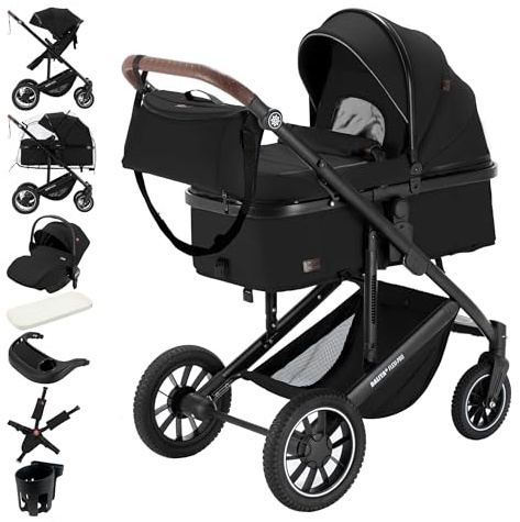 Daliya® FLEXI-PRO M 3in1 Kinderwagen & Buggy mit i-Size Babyschale, Viel Zubehör (Schwarz Uni)