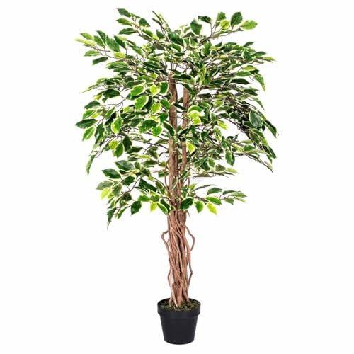 HOMESCAPES 4ft Variegated Artificial Ficus Tree – Tall Artificial Plant Indoor with Real Wood Trunk & Lifelike Leaves, Decorative Faux Fake Plant with Pot for Home, Office, Living Room