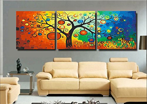YEESAM ART DIY Ölgemälde Malen nach Zahlen 3 teilig bilder für Erwachsene - Glücklicher Baum des Lebens 16x16 Zoll Leinen Segeltuch - DIY ölgemälde ölfarben Weihnachten Geschenke (Mit Rahmen)