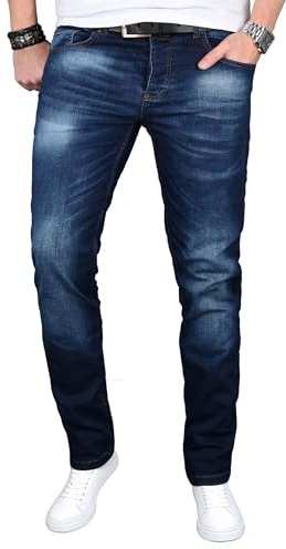 Designer Herren Jeans Hose Regular Slim Fit Jeanshose Basic Stretch [AS-058 - W33 L32] , Dunkelblau Washed