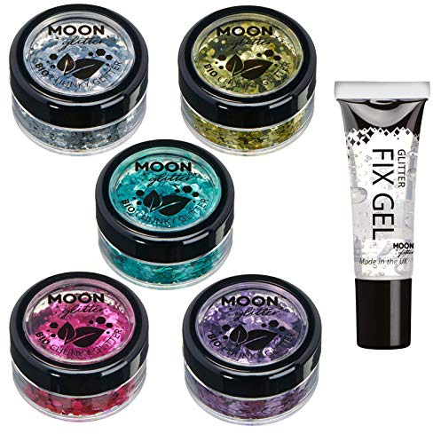 Moon Glitter Biologisch Abbaubarer Öko-Glitter - 100% Kosmetischer Bio-Glitter für Gesicht, Körper, Nägel, Haare und Lippen - 5er-Set á 3g - Plus Fixierungsgel