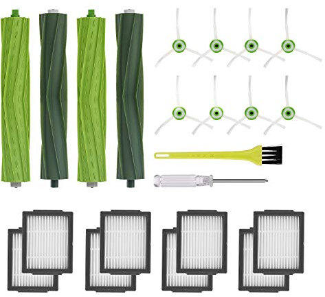 Jajadeal Bürsten Ersatzteile für iRobot Roomba E/I/J Serie i7 + i3+ i4+ i6+ i8+ j7 E5 E6 E7 Saugroboter Zubehör Kit mit 4 Gummibürsten, 8 HEPA-Filter, 8 Seitenbürsten