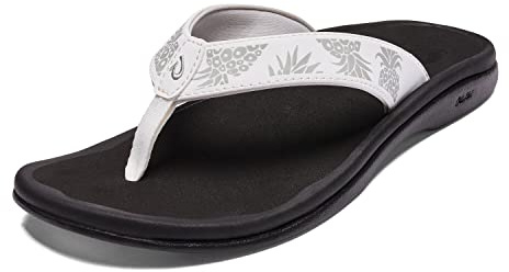 OLUKAI Ohana Women's Beach Sandals, Water Resistant Flip Flops, Arch Support & Comfort Fit, Lightweight & Durable, Enhanced Grip & Traction, Bright White/Hua, 8