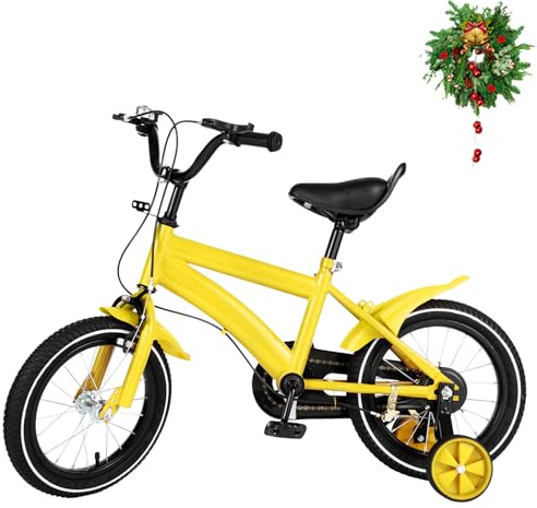 DIFU Kinderfahrrad 14 Zoll Jungen Mädchen 3 Rad Fahrrad ab 3-6 Jahre, mit Abnehmbare Stützräder (Gelb)