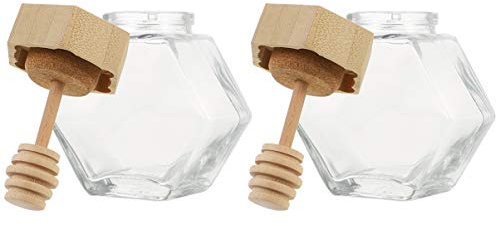 Amosfun 2pcs Glass Honey Jar with Dipper Stick 100ml Mini Honey Bottle Hexagon Spice Jar Storage Container for Wedding Party Favor Kitchen Use