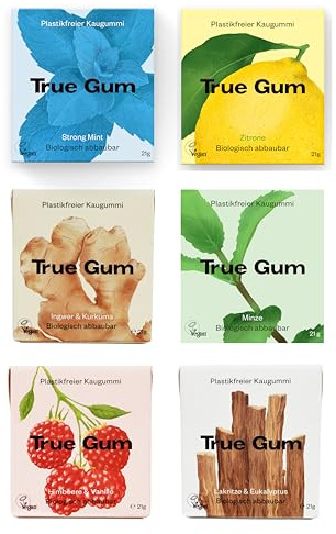 True Gum, Plastikfreier Kaugummi Biologisch Abbaubar Vegan 1x pro Sorte Ingwer Kurkuma Minze Lakritze Eukalyptus Himbeere Vanille Zitrone Strong Mint 126 g, Probierset 6 Sorten, 1 stück