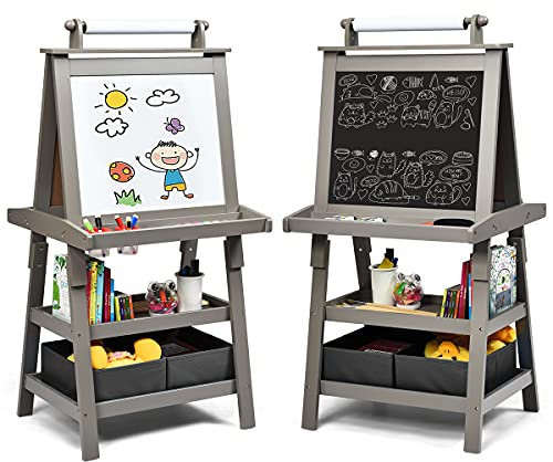 COSTWAY 3 in 1 Kinder Staffelei, Kindertafel doppelseitig, Whiteboard & Kreidetafel & Zeichenpapier, Standtafel inkl. Magneten, 2 Regalebenen Holztafel mit 2 Aufbewahrungsboxen (Grau)