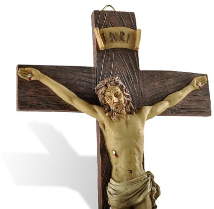 Jesus Kruzifix Wandkreuz - 23 cm Harz katholische Kreuzigung Skulptur INRI Kreuz mit Jesus Figur für Zuhause, Kirche oder Gebetsraum, religiöse Wandbehang Dekor