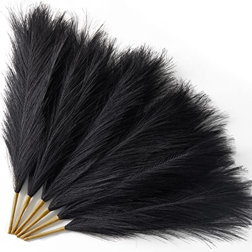 Serwalin Black Pampas Grass Decor, 6Pcs Faux Pampas Grass 17 Inch, Short Artificial Pompous Grass for Gothic Room Decoration, Wedding, Home and Halloween Decoration