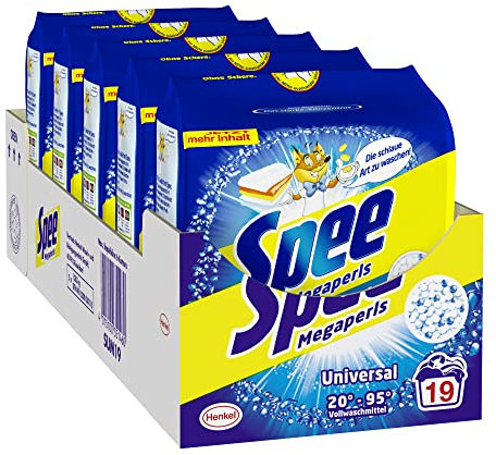 Spee Megaperls Universal Waschpulver 3+1, 95 Waschladungen (5 x 19WL), Waschmittel für weiße Wäsche verleiht Reinheit, Strahlkraft und Frische, Vollwaschmittel zum schlauen Preis