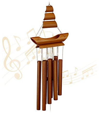 Relaxdays Campane a Vento, Canne in bambù, Campanelli Scacciapensieri Appesi a Una Barca, Esterni e Interni, Marrone, 72 x 20 x 6 cm