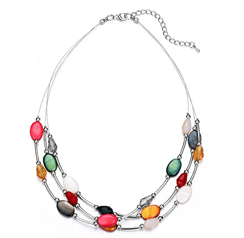 BULINLIN Crystal Layered Statement Necklace for Women, Shell Choker Necklace with Chunky Silver Metal Fashion Jewelry Gifts for Her（Colorful）