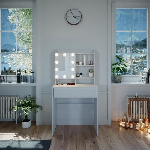 Vicco Schminktisch Laura, Weiß, 70 cm | mit LED Beleuchtung, Integriertes Licht – keine extra Tischlampe nötig
