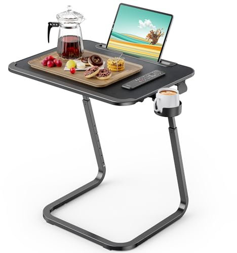 SAIJI Beistelltisch, Doppelnutzung Frühstückstablett Laptoptisch, Stabilere U-förmige Füße, Couchtisch, Überbett Tisch, Höhen Winkel verstellbar, mit Tablet Schlitz, Getränkehalter, 55 * 39cm