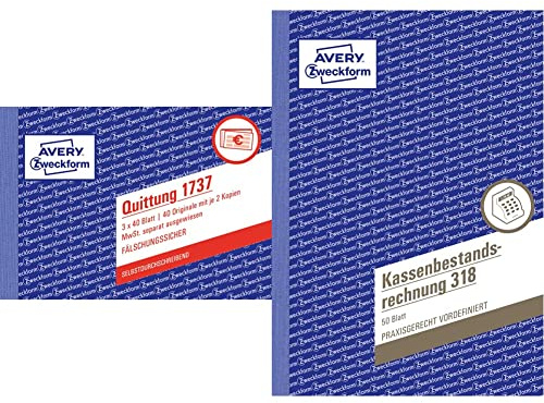 AVERY Zweckform 1737 Quittungsblock weiß/gelb/rosa & 318 Kassenbestandsrechnung weiß, 1 Stück