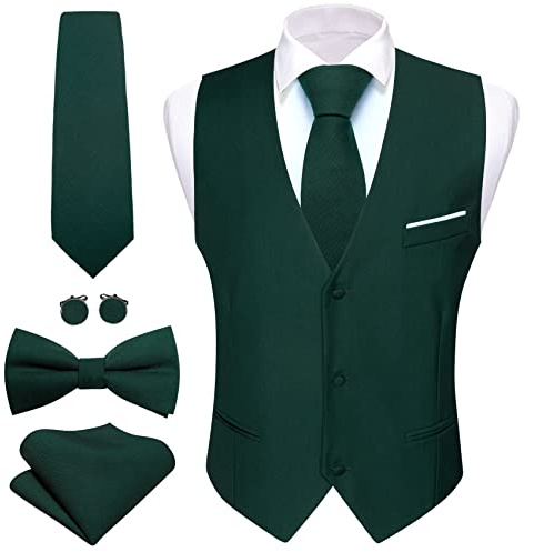Barry.Wang Herren-Weste, formelle Business-Anzug, schmale Passform, lässig, einfarbig, Kleid, Weste, Krawatte, Fliege, Set, Hochzeit, Party, Smaragdrün, Large