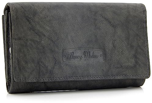 ekavale Geldbörse Damen im Langformat aus Rindsleder, Geldbeutel Damen Groß mit Vielen Fächern, Portemonnaie mit Reißverschluss für Frau (Blau-Grau)