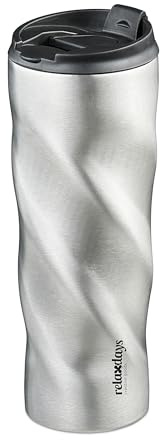 Relaxdays Vaso Térmico, 500 ml, Taza Antiderrames para Bebidas Calientes y Frías, Acero Inoxidable, sin BPA, Plata/Negro, 22,5x8,5 cm