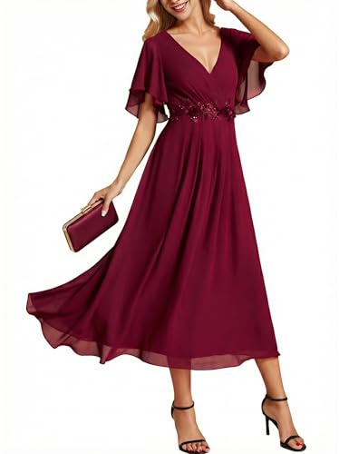 Ever-Pretty Vestito Donna Elegante Abito Cerimonia Donna con Applique e Collo V Midi Maniche a Volant Chiffon Stile Impero Borgogna 48