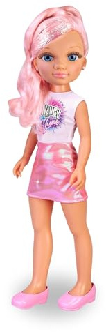 Nancy Shine - Bambola con capelli lunghi con meches rosa, gonna rosa metallizzata, top bianco e scarpe abbinate, per bambine/I da 3 anni, Famosa NAC70210