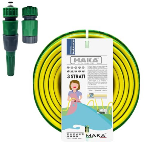 MAKA Kit Tubo Acqua Giardino 1/2 Pollice 15 Metri 3 Strati 12.5mm con Accessori Innesto Rapido Pressione 20 Bar Flessibile Retinato Resiste Caldo Gelo UV Riciclabile (1/2 15 metri)