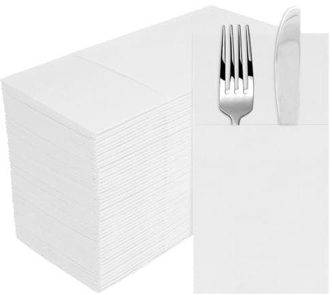 Goldclean Weiße Servietten, Handtücher, Einweg-Servietten, Leinen-Gefühl, mit vorgefalteter integrierter Bestecktasche, Gäste-Papierhandtücher für Hochzeit, Abendessen oder Party, 40,6 x 40,6 cm, 50