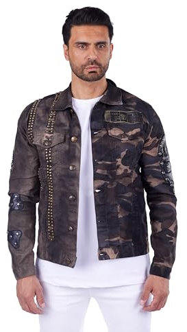 KINGZ Designer Nieten Camouflage Jeansjacke veredelt mit Totenkopf Army S