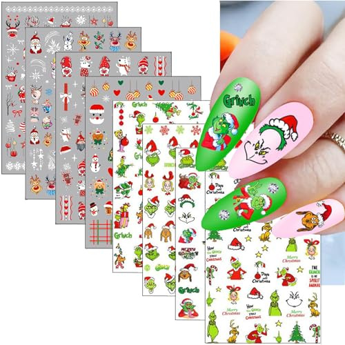 Nagelsticker Weihnachten，8 Blatt Grinch Nail Sticker Weihnachten，Weihnachtsmann Nagelaufkleber Weihnachten Nagel Sticker，Grinch Deko Weihnachtssticker Nägel