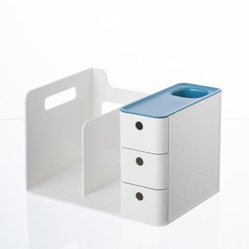 HKeeper Klassischer Schreibtisch-Organizer aus weißem Kunststoff, 2 Bücherhalter mit 3 Schubladenboxen, 1 Stifthalter (Weiß + Blau)