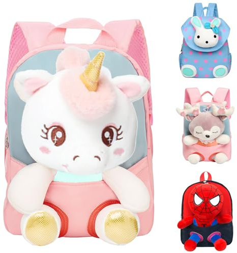 AUNGCSHE lässig Kinderrucksack 2 in 1 mit Plüschtier 25cm, Weicher Rückenbereich & Verstellbare Gurte, Kindergartenrucksack Kinderrucksäcke für 2-6 Jährige Kindergarten Junge und Mädchen (Weiß)