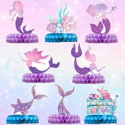 QIFU Meerjungfrau Geburtstag Tischdeko Mädchen Frau - 8 Stück Meerjungfrau Deko Geburtstag Tischdeko Geburtstags Deko für Mädchen Jungle Tischdekoration Kindergeburtstag Party Deko Mermaid