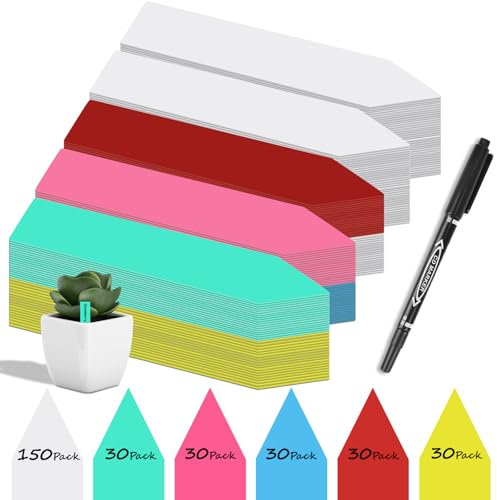 Gucass 300 cartelli per piante con 1 pennarello, tappi per piante da scrivere, resistenti alle intemperie, etichette per piante, in plastica, per verdure, erbe, fiori (bianco + colorato)