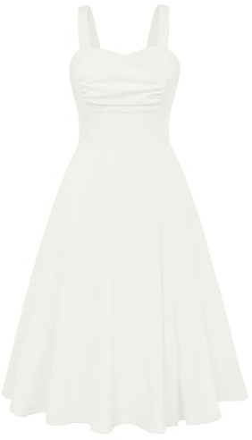 Belle Poque dam vintage klänning spaghetti blommig klänning sommarklänning med slits fritidsklänning med fickor, Mjölkvit, XL