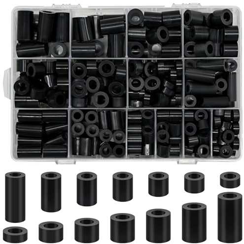 Meafeng 300 Stück ABS Abstandshalter Kunststoff Rund Schwarz, Nylon Distanzhülsen M6 M8, Ohne Gewinde Säulen Unterlegscheiben Set, Wand Isolierung Distanzscheiben, Schwarz