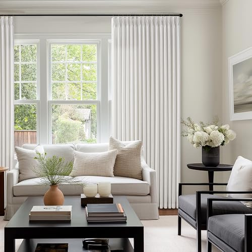 100 Inch Light Filtering Curtains for Sliding Glass Doors 2 Panels Set Pinch Pleated for Track System Farmhouse Boho Beige White Linen Curtain Privacy Semi Sheer Viral Window Drapes for Dining Room