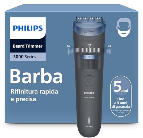 Philips Bartschneider 3000er-Serie – selbstschärfende Klingen mit abgerundeten Spitzen, 20 Längeneinstellungen, Lift&Trim-Kamm, 100% wasserdicht, Akkuanzeige, USB-Ladegerät, Modell BT3619/15