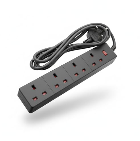WE Retail Four Socket Extension Lead, 2 Metre Cable, 4-Way Plug Extension Cable, Power Strip, Black, Power On Neon, 13A, 3120W, 4 socket, 2m, EL4G2MBK