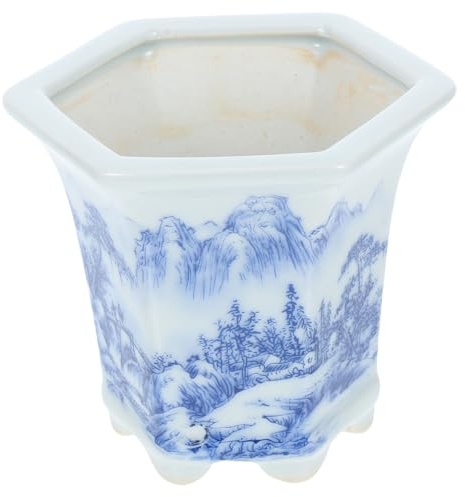 Blau Weißer Keramik Blumentopf Oval für Zimmerpflanzen und Sukkulenten | Chinoiserie Stil, Blaues Floralmuster mit Weißer Porzellanapplikation, für Balkon und Innenräume