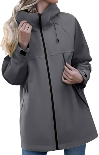 TOFOTL Dünne Jacke Damen Regenmantel Wasserdicht Ärmel Leoprint Schmuddelwetter Langer Regenmantel Damen Wasserdicht Wiederverwendbar Parka Fahrradponcho wasserdichte Regenjacke Dunkelgrau XXL